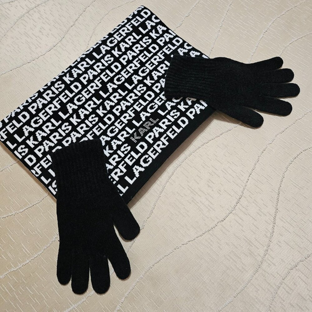KARL LAGERFELD CHIC ICONIC MONOCHROME BLACK & WHITE  LOGO SCARF - Picture 7 of 15